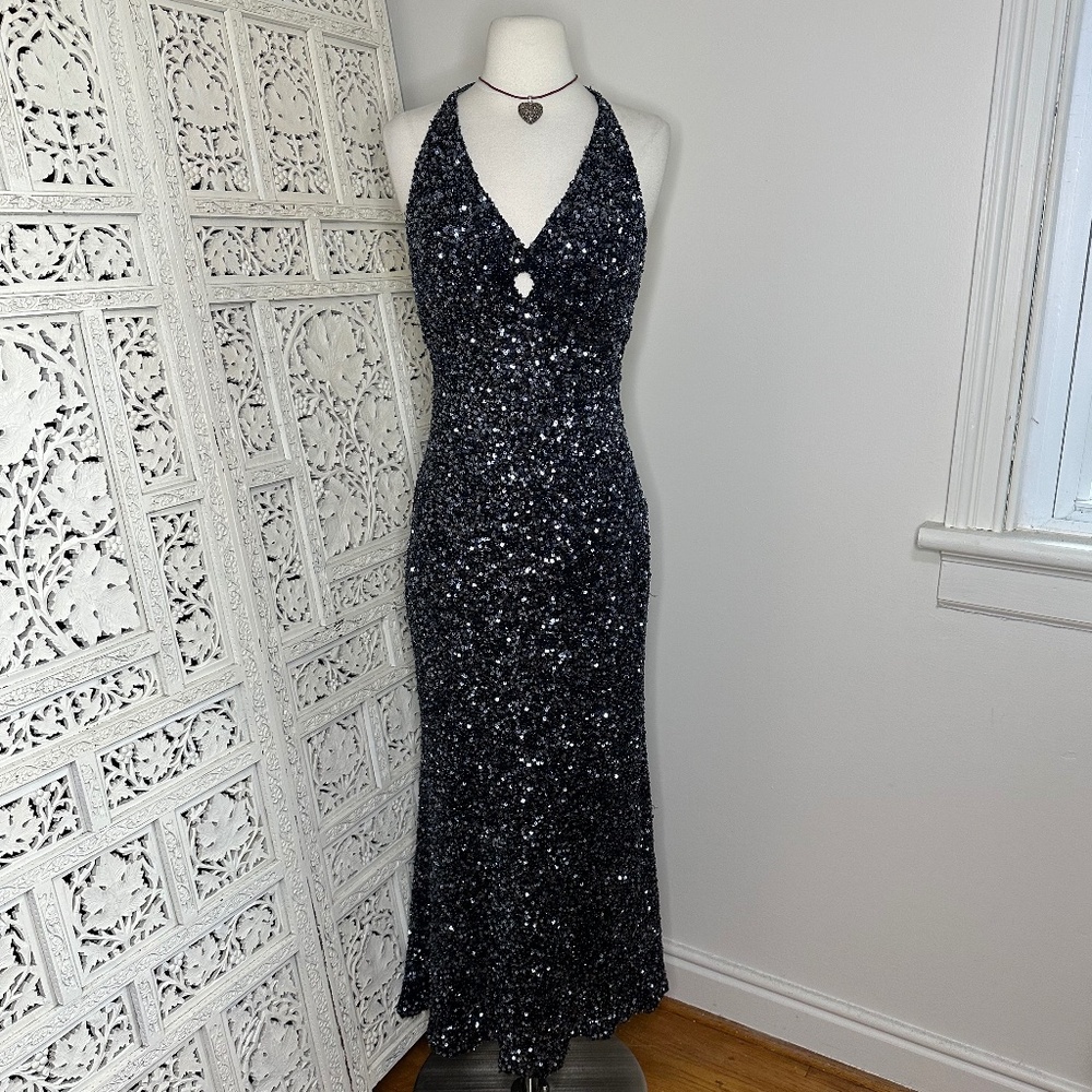 Vintage Rene Derby Silk Black & Silver Sequin Beaded‎ Keyhole Formal Event Dress